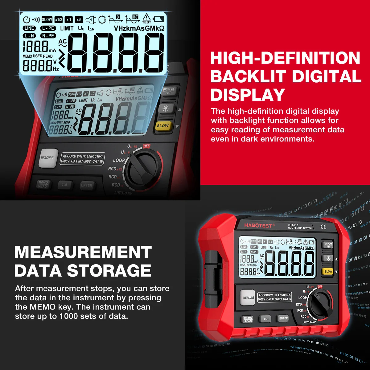 HABOTEST HT5910 Leakage Switch Tester LCD Digital Resistance Meter RCD/Loop Tester 1000 Data Storage Voltmeter Megohmmeter - Image 13
