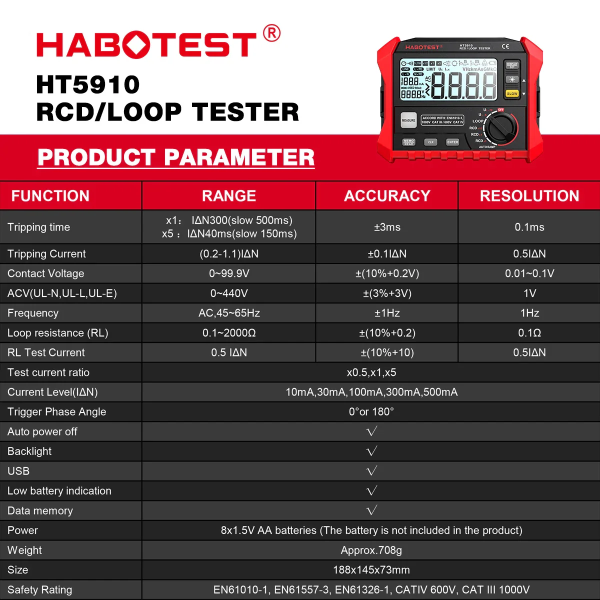 HABOTEST HT5910 Leakage Switch Tester LCD Digital Resistance Meter RCD/Loop Tester 1000 Data Storage Voltmeter Megohmmeter - Image 4