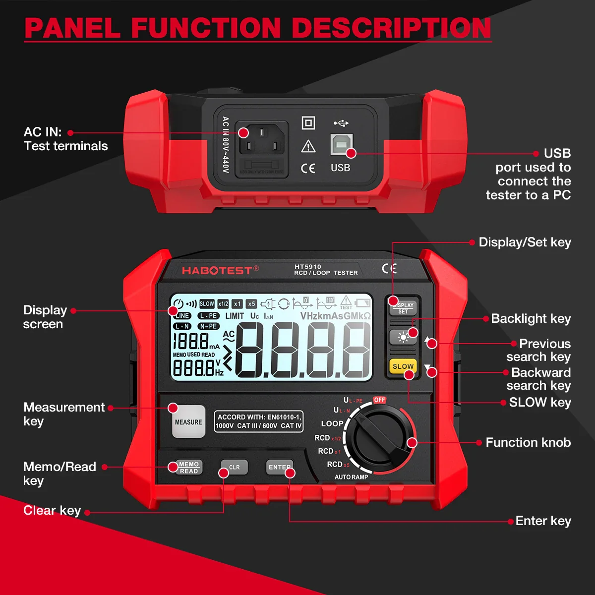 HABOTEST HT5910 Leakage Switch Tester LCD Digital Resistance Meter RCD/Loop Tester 1000 Data Storage Voltmeter Megohmmeter - Image 5