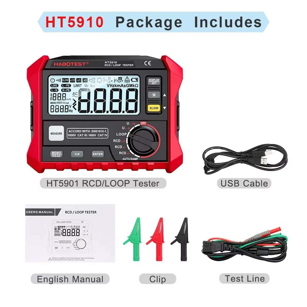 HABOTEST HT5910 Leakage Switch Tester LCD Digital Resistance Meter RCD/Loop Tester 1000 Data Storage Voltmeter Megohmmeter - Image 7