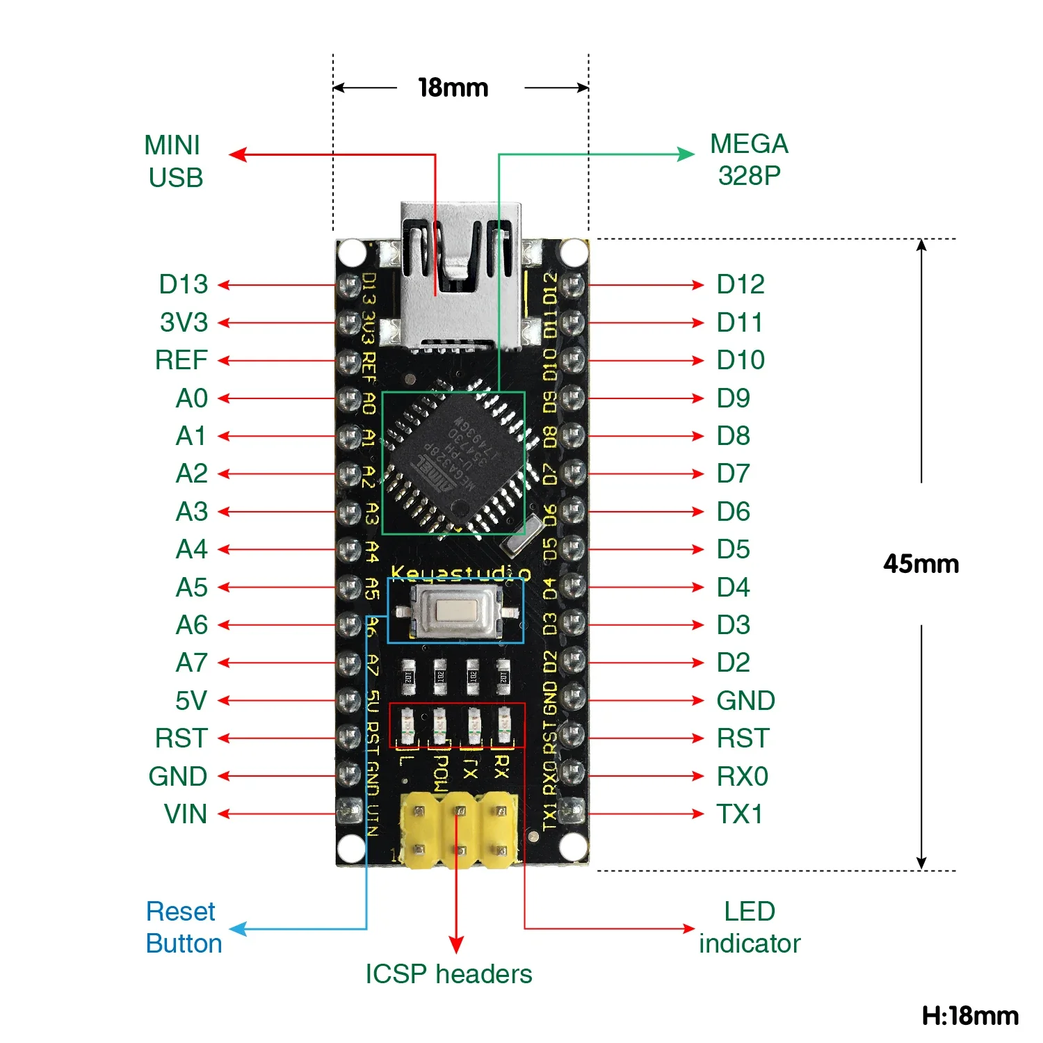 Keyestudio16MHz ATMEGA328P CH340 NANO Development Board With Bootloader+USBCable Compatible with Arduino NANO DIY Electronic Kit - Image 5