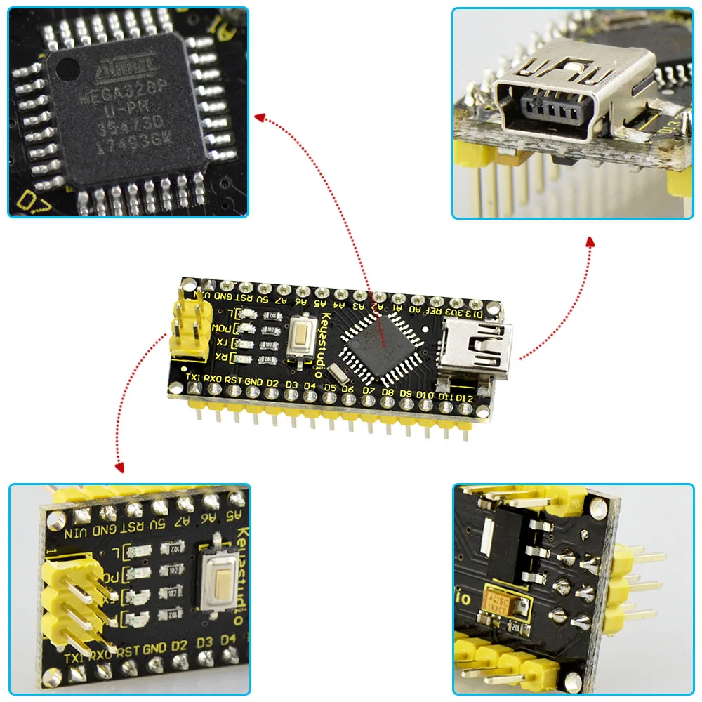 Keyestudio16MHz ATMEGA328P CH340 NANO Development Board With Bootloader+USBCable Compatible with Arduino NANO DIY Electronic Kit - Image 6