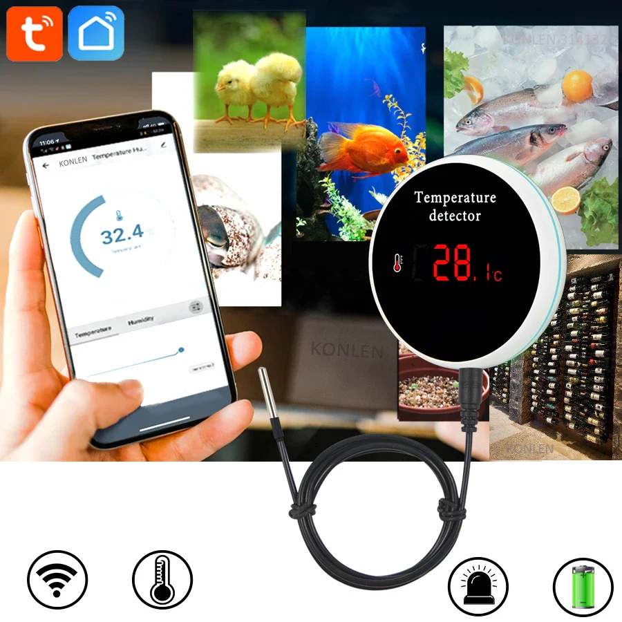 KONLEN Tuya Wifi Temperature Sensor 3m Wire Probe Digital Smartlife Thermometer Smart Home Water Pool Thermostat Remote Alarm - Image 2