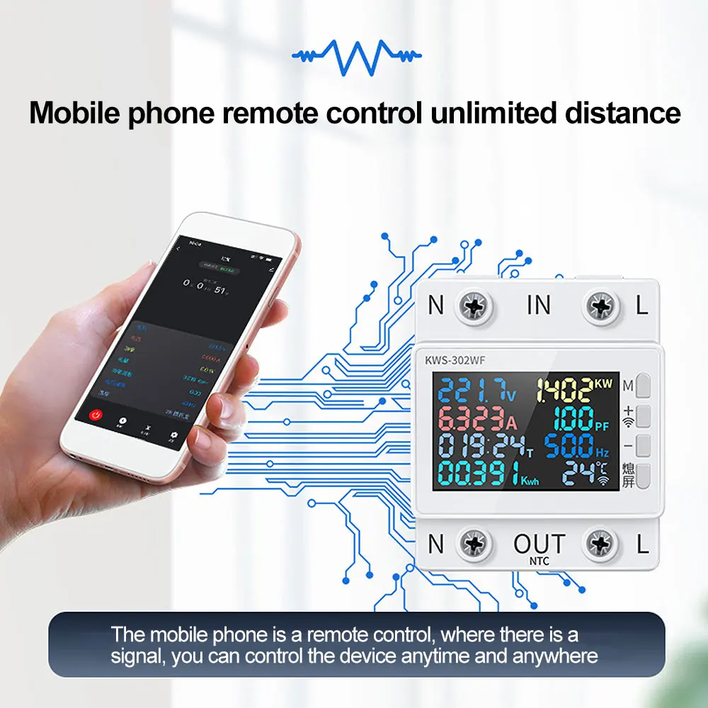 KWS-302WF Guide Rails Digital Voltmeter Ammeter Voltage Tester Meter 63A AC170-300V Over-temperature Protection Power-off Module - Image 3