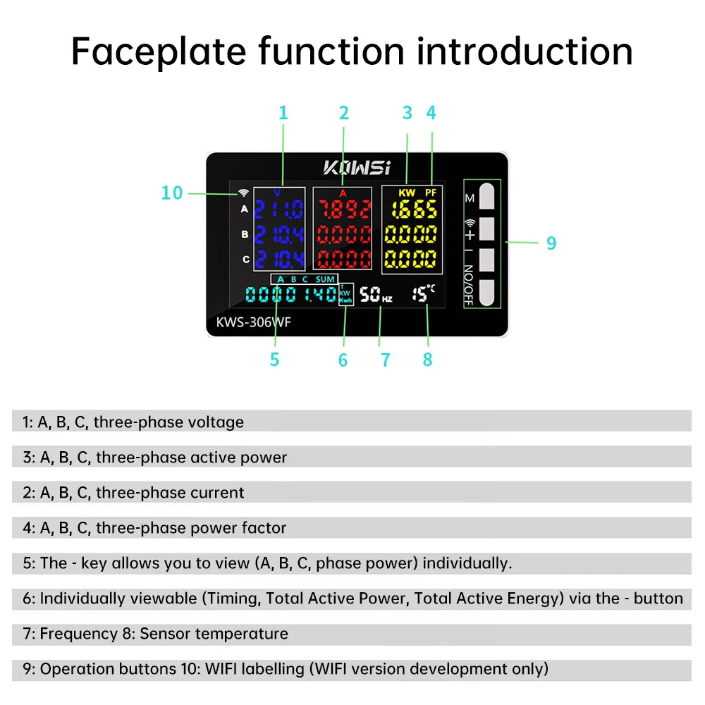 KWS-306 Voltmeter Ammeter Power Meter AC 85-290V 80A 3-phase 4-wire DIN-Rail Meter Power Failure Protection Function - Image 3