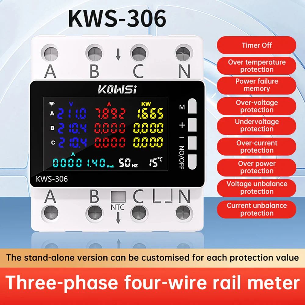 KWS-306 Voltmeter Ammeter Power Meter AC 85-290V 80A 3-phase 4-wire DIN-Rail Meter Power Failure Protection Function - Image 7