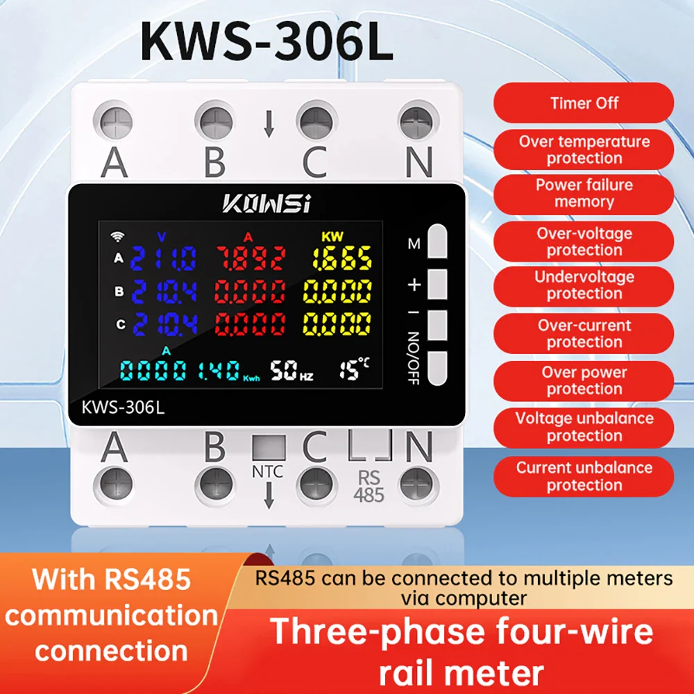 KWS-306 Voltmeter Ammeter Power Meter AC 85-290V 80A 3-phase 4-wire DIN-Rail Meter Power Failure Protection Function - Image 8