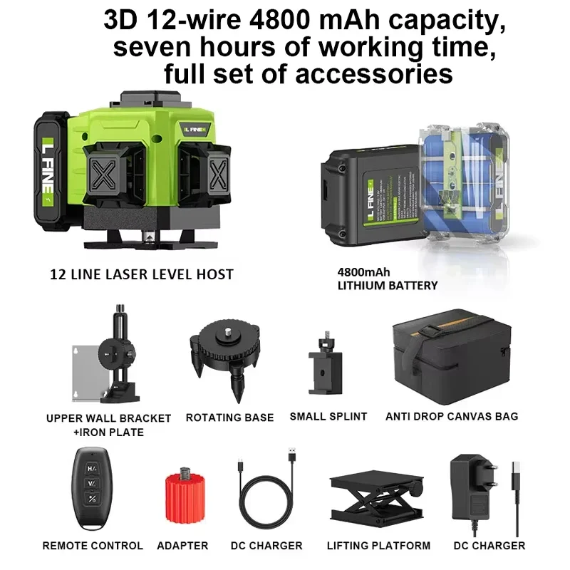LFINE 3D/4D Laser Level 12/16 Lines Horizontal And Vertical With Remote Control 8 Lines 360°Self-leveling Laser Levels - Image 9