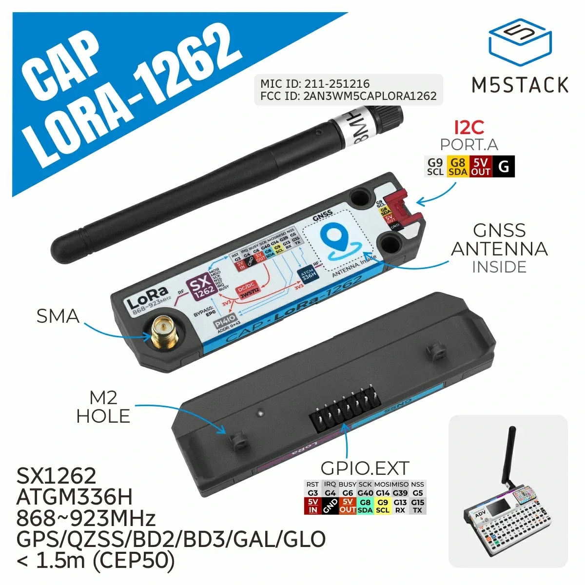M5Stack Cap LoRa-1262 for Cardputer Adv SX1262 LoRa Module Frequency 868 to 923 MHz SMA Antenna Support GNSS Global Positioning - Image 2