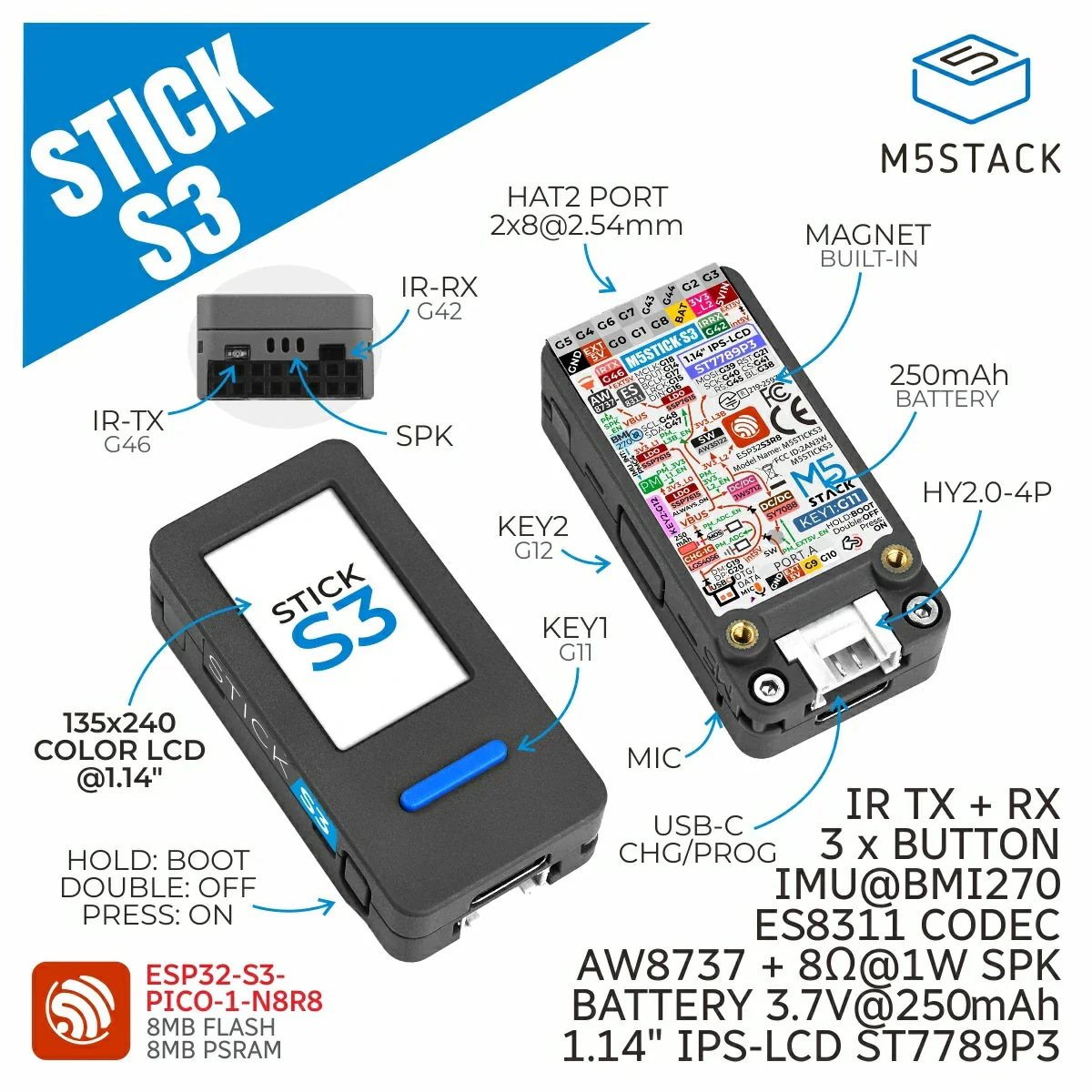 M5Stack StickS3 StickC PLUS2 Upgraded Version ESP32-S3 8MB Programmable Controller BT WiFi For IoT Project Development - Image 2