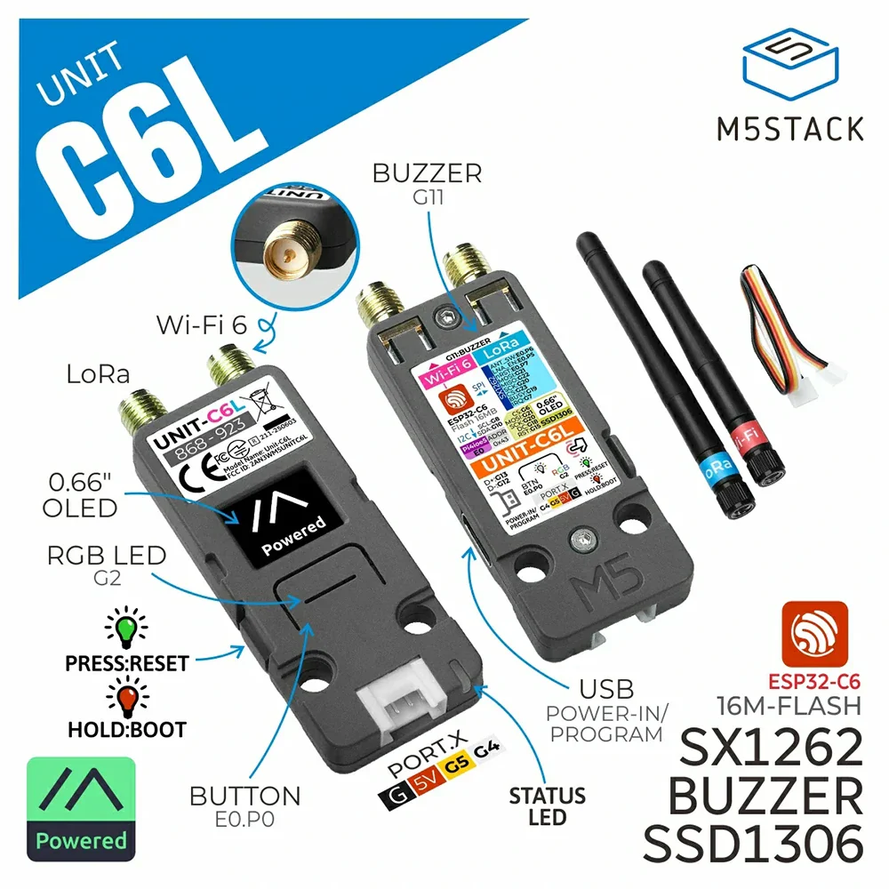 M5Stack Unit C6L LoRa Communication Unit ESP32-C6 Wi-Fi 6 & SX1262 868-923MHz Supports Meshtastic with OLED for IoT - Image 2
