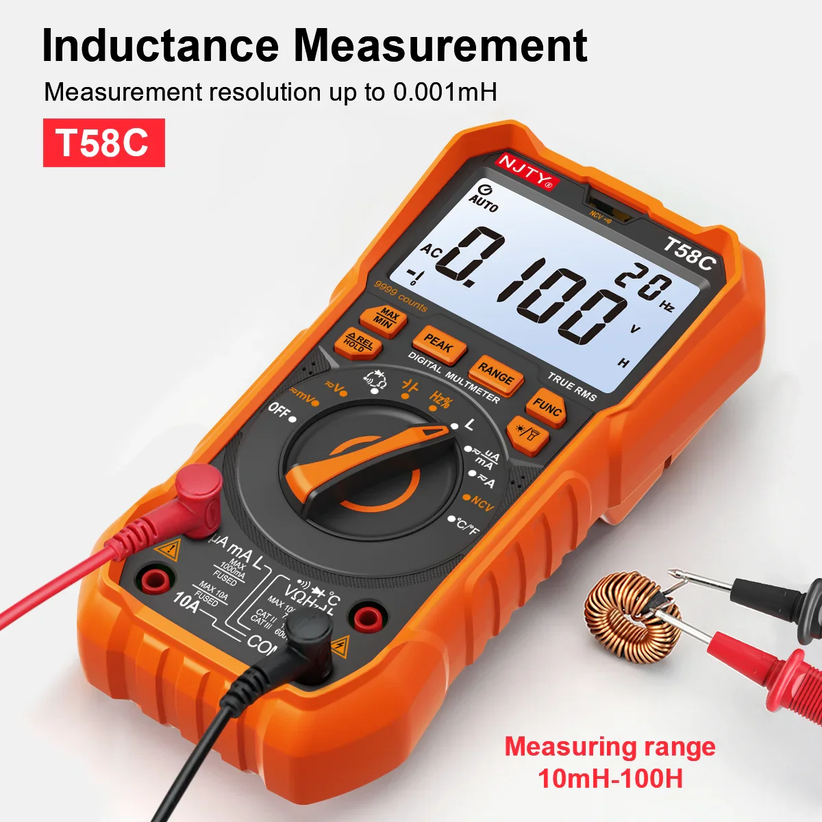 NJTY T58B T58C Inductance Digital Multimeter AUTO Range 9999 Counts  Voltage Current Capacitance LED Smart Backlit Large Screen - Image 2