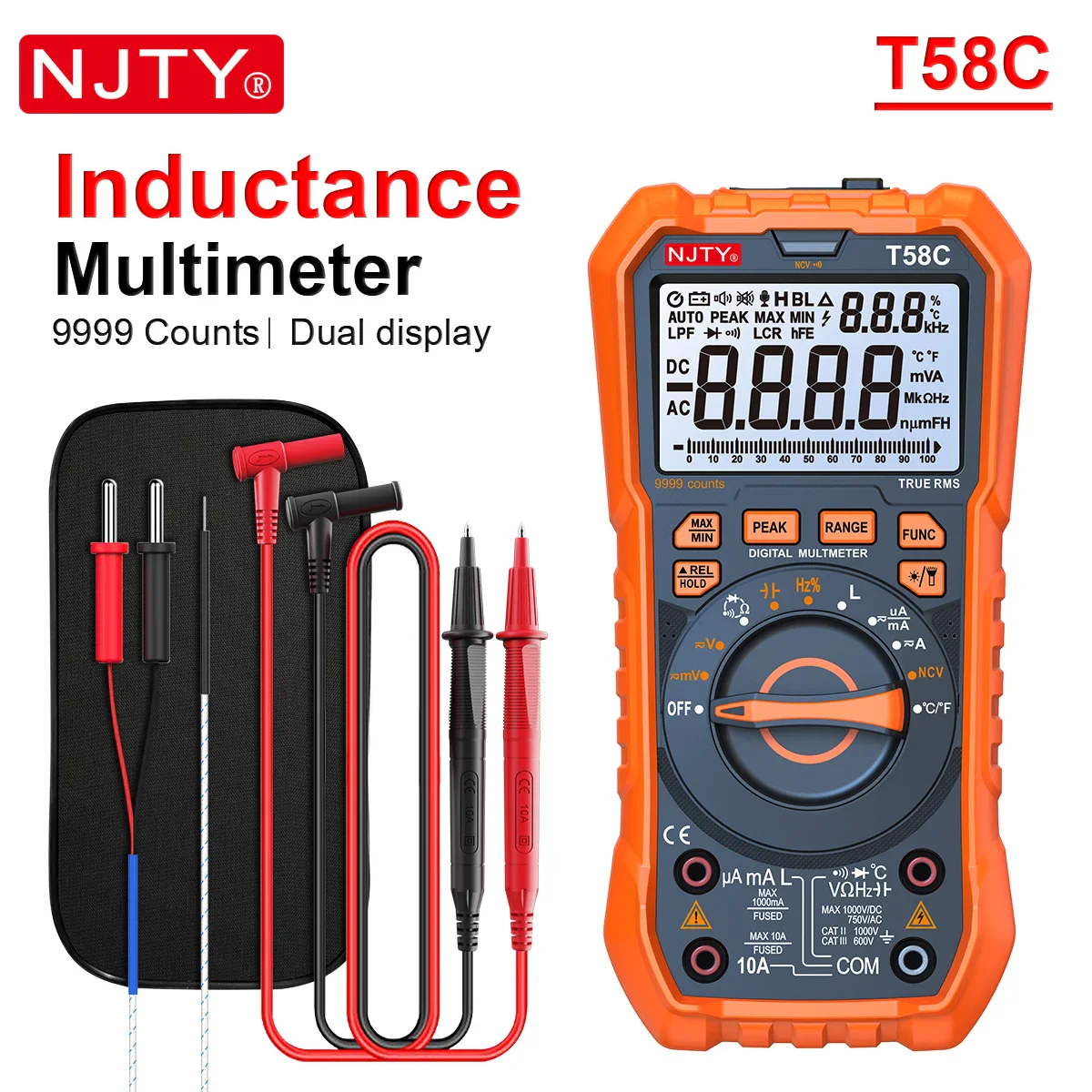 NJTY T58B T58C Inductance Digital Multimeter AUTO Range 9999 Counts  Voltage Current Capacitance LED Smart Backlit Large Screen - Image 8