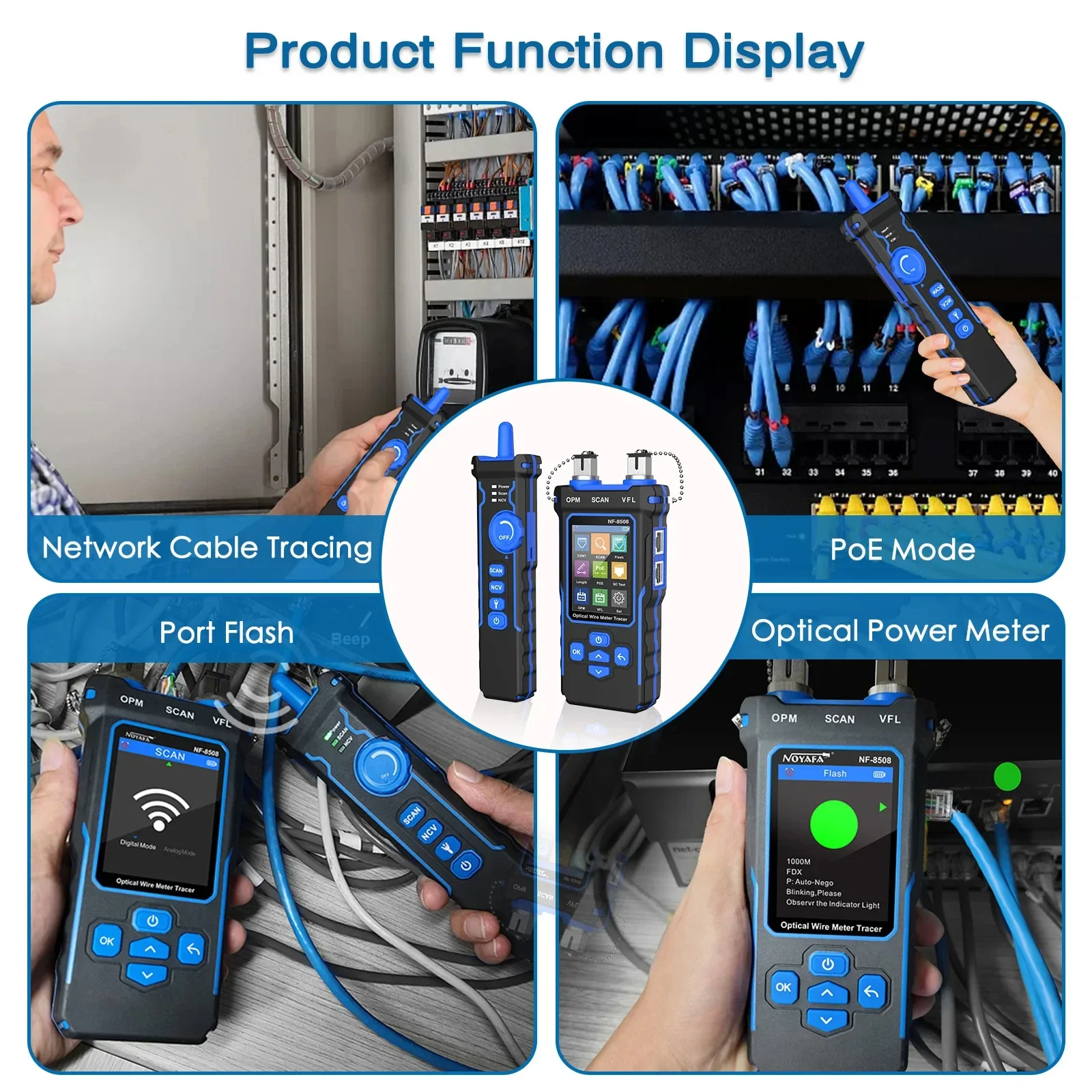 Noyafa NF-8508 Network Cable Tester Optical Power Meter Wire PoE Lan Test LCD Digital Line Finder Wire Tracer Network Tools - Image 2