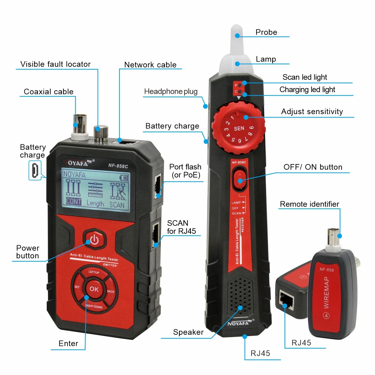 NOYAFA NF-858C Network Cable Tester Trace Line Locator POE BNC Finder Port Blinking Red Light Test Measure Length Cable Tracker - Image 5