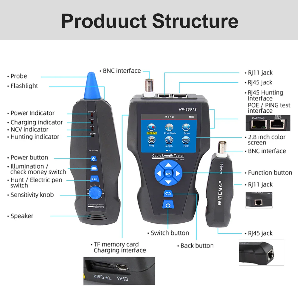 NOYAFA NF-8601S Multifunction TDR Enthernet Cable Tester Rj45 Rj11 BNC Cat5 Cat6 6E Cat7 POE Lan Test Ping Network Cable Tracker - Image 4