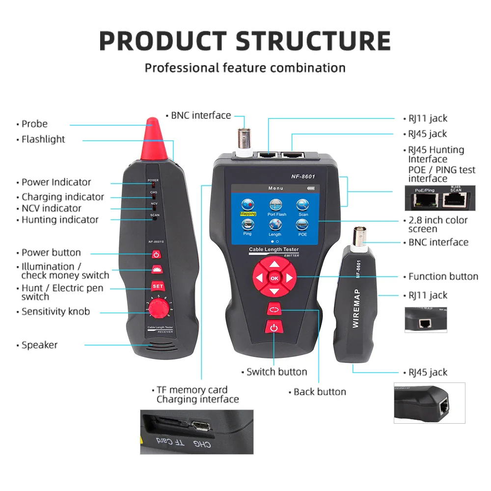 NOYAFA Original  NF-8601W Multifunction Network Cable Tester RJ45 RJ11 BNC POE PING Crosstalk Test Network Wire Cable Tracker - Image 3