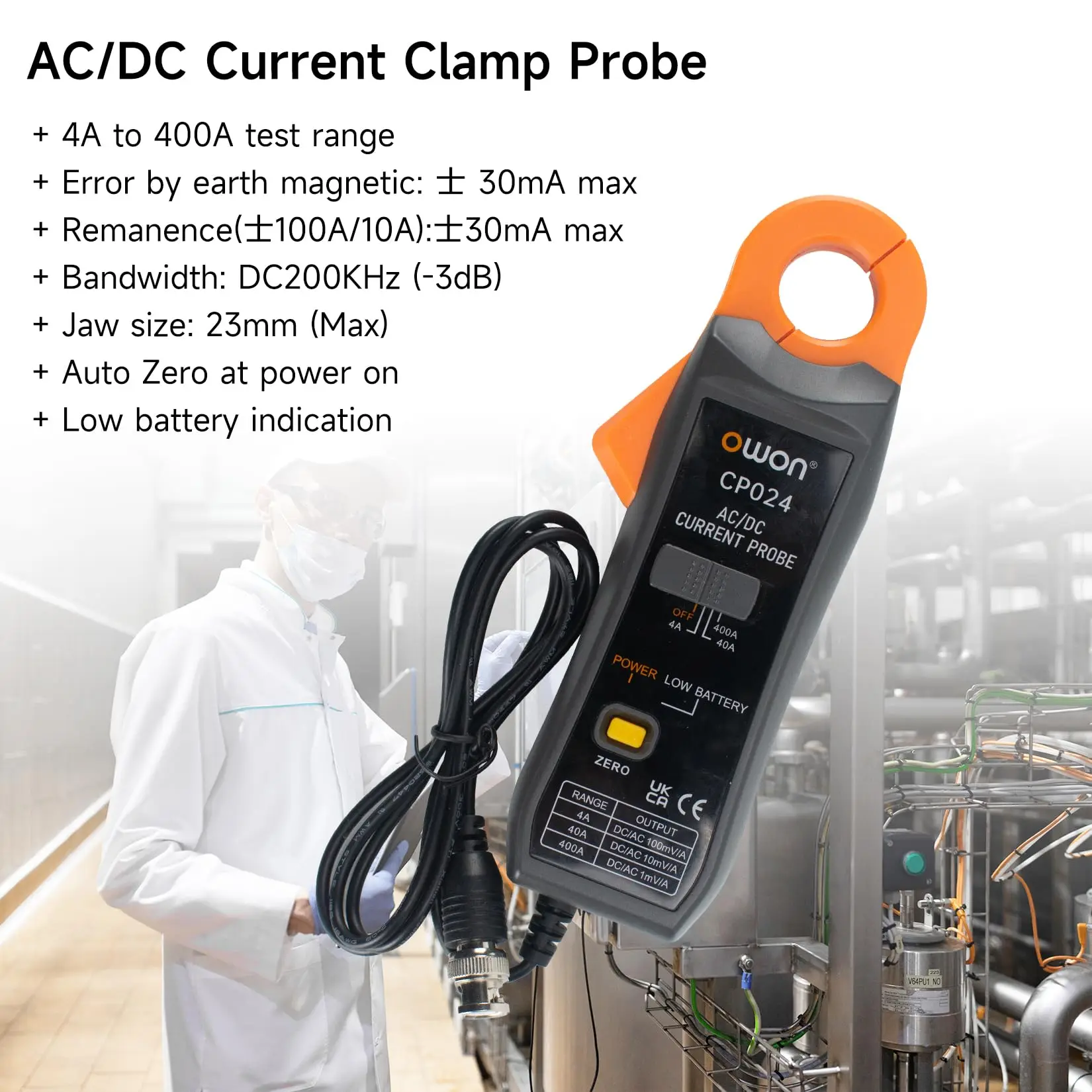 OWON CP024 AC/DC Clamp Probe Tester, DC-AC Current Probe For Digital Storage Oscilloscopes, Jawed Triple Gear Current Clamp - Image 3