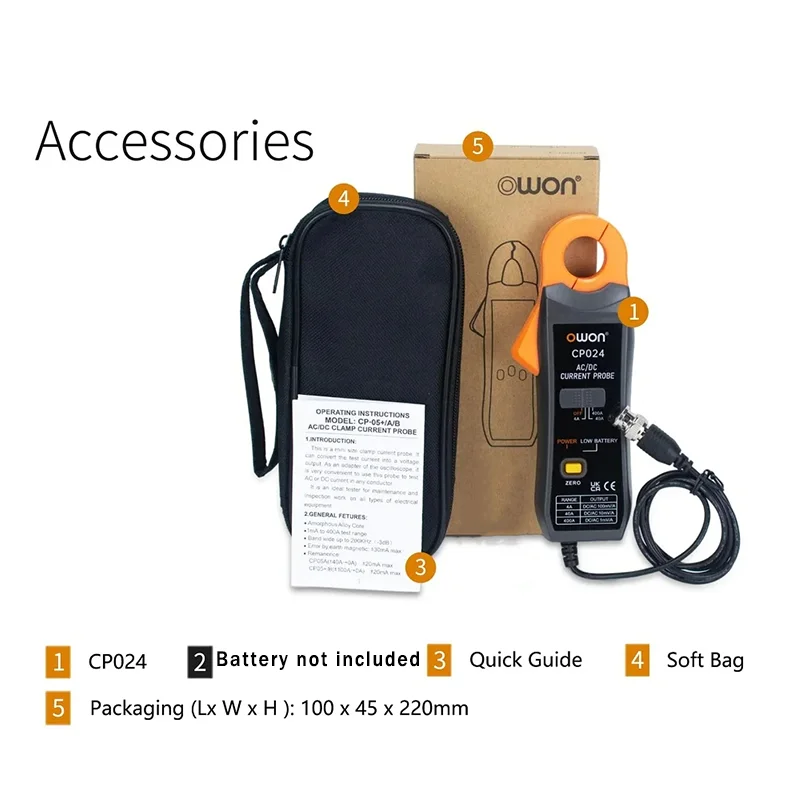 OWON CP024 AC/DC Clamp Probe Tester, DC-AC Current Probe For Digital Storage Oscilloscopes, Jawed Triple Gear Current Clamp - Image 7
