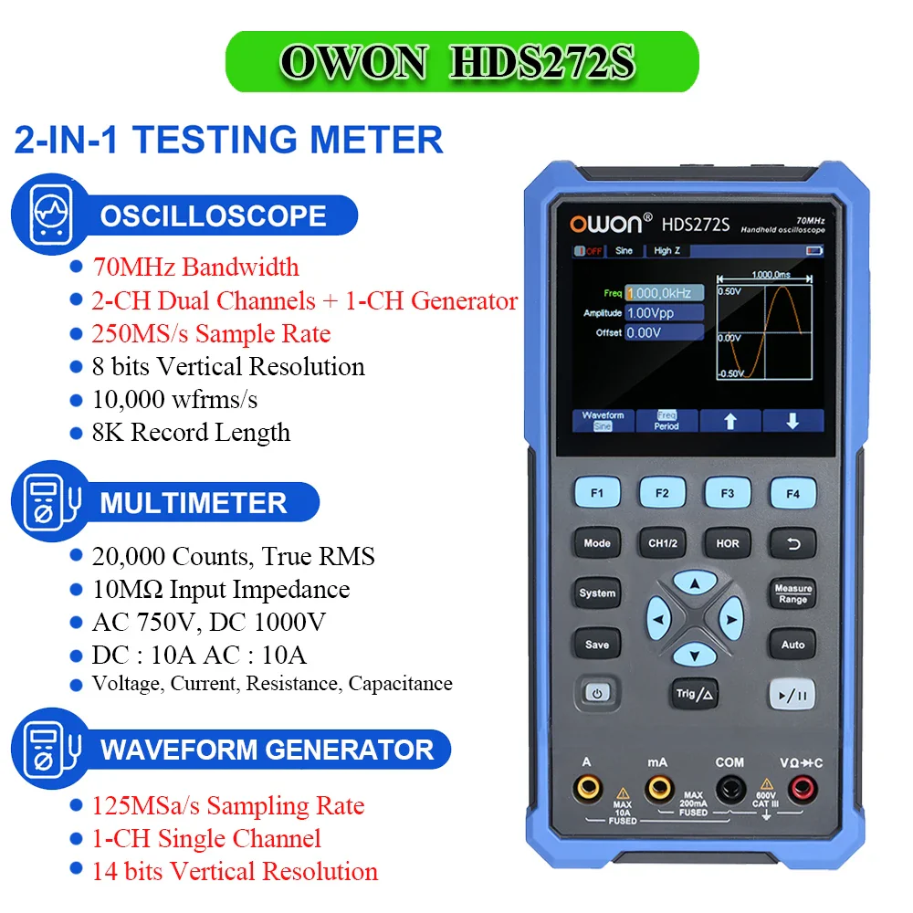 OWON HDS2102S HDS272S HDS242S Handheld Digital Oscilloscope 100MHz Bandwidth 500MS/s 2CH + 1CH Generator Multimeter osciloscopio - Image 10