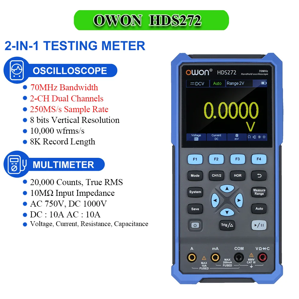 OWON HDS2102S HDS272S HDS242S Handheld Digital Oscilloscope 100MHz Bandwidth 500MS/s 2CH + 1CH Generator Multimeter osciloscopio - Image 11