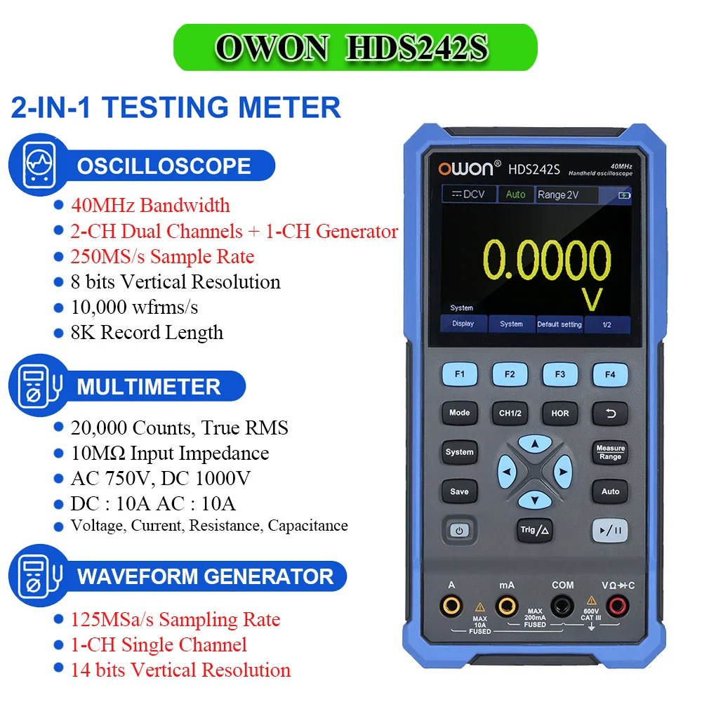 OWON HDS2102S HDS272S HDS242S Handheld Digital Oscilloscope 100MHz Bandwidth 500MS/s 2CH + 1CH Generator Multimeter osciloscopio - Image 12