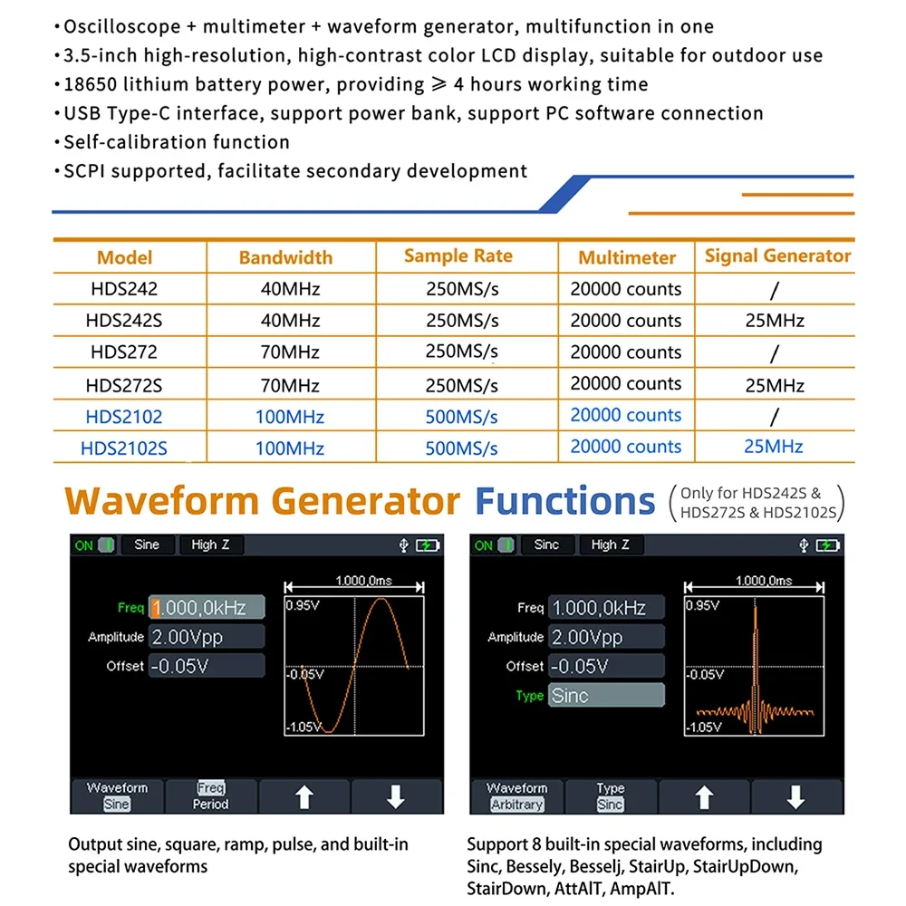 OWON HDS2102S HDS272S HDS242S Handheld Digital Oscilloscope 100MHz Bandwidth 500MS/s 2CH + 1CH Generator Multimeter osciloscopio - Image 2
