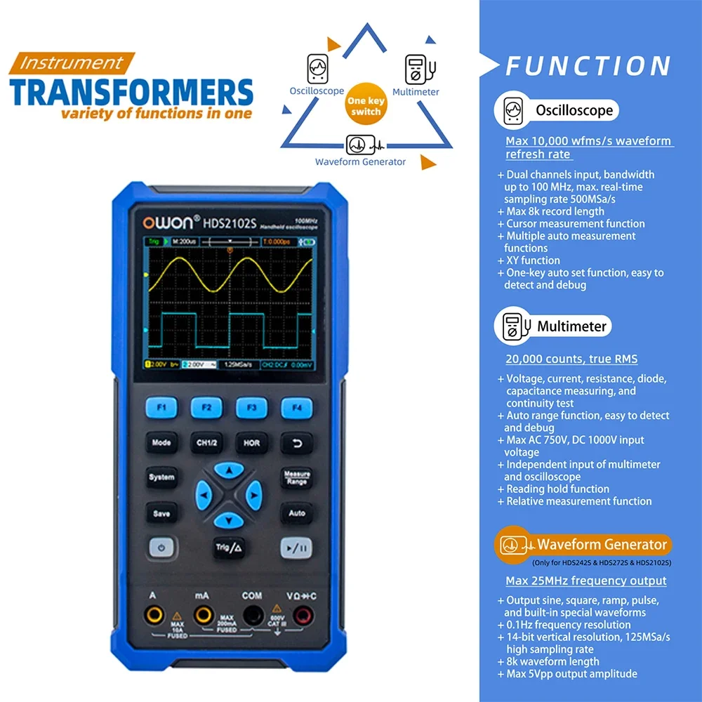 OWON HDS2102S HDS272S HDS242S Handheld Digital Oscilloscope 100MHz Bandwidth 500MS/s 2CH + 1CH Generator Multimeter osciloscopio - Image 3