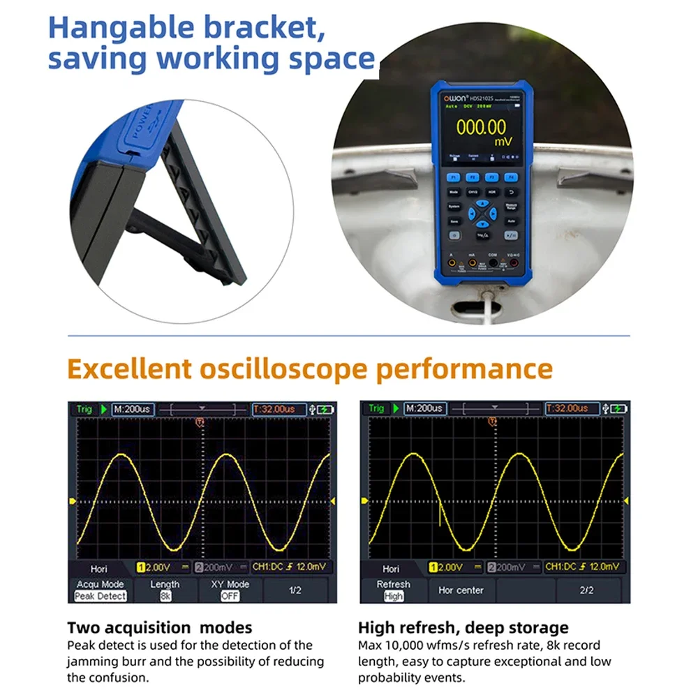 OWON HDS2102S HDS272S HDS242S Handheld Digital Oscilloscope 100MHz Bandwidth 500MS/s 2CH + 1CH Generator Multimeter osciloscopio - Image 4