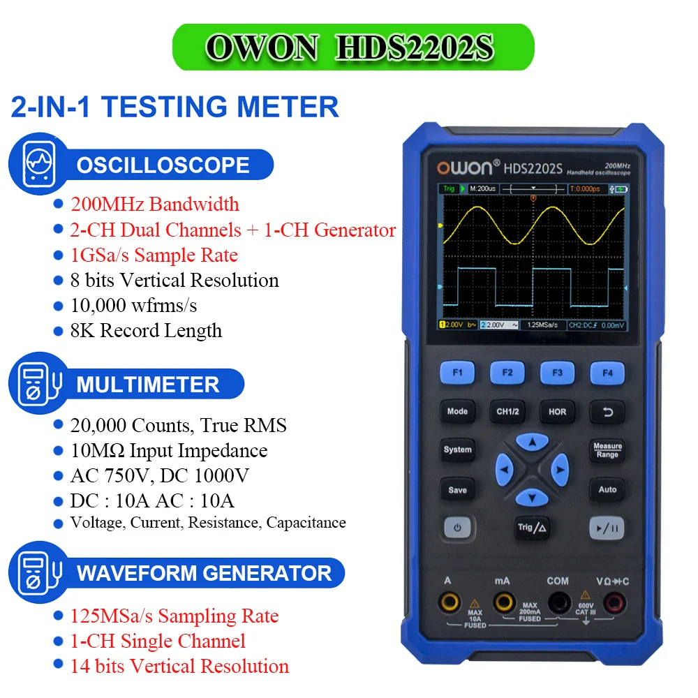 OWON HDS2102S HDS272S HDS242S Handheld Digital Oscilloscope 100MHz Bandwidth 500MS/s 2CH + 1CH Generator Multimeter osciloscopio - Image 6