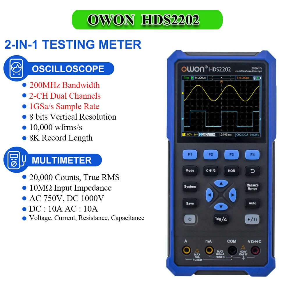 OWON HDS2102S HDS272S HDS242S Handheld Digital Oscilloscope 100MHz Bandwidth 500MS/s 2CH + 1CH Generator Multimeter osciloscopio - Image 7