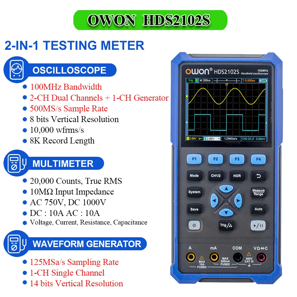 OWON HDS2102S HDS272S HDS242S Handheld Digital Oscilloscope 100MHz Bandwidth 500MS/s 2CH + 1CH Generator Multimeter osciloscopio - Image 8