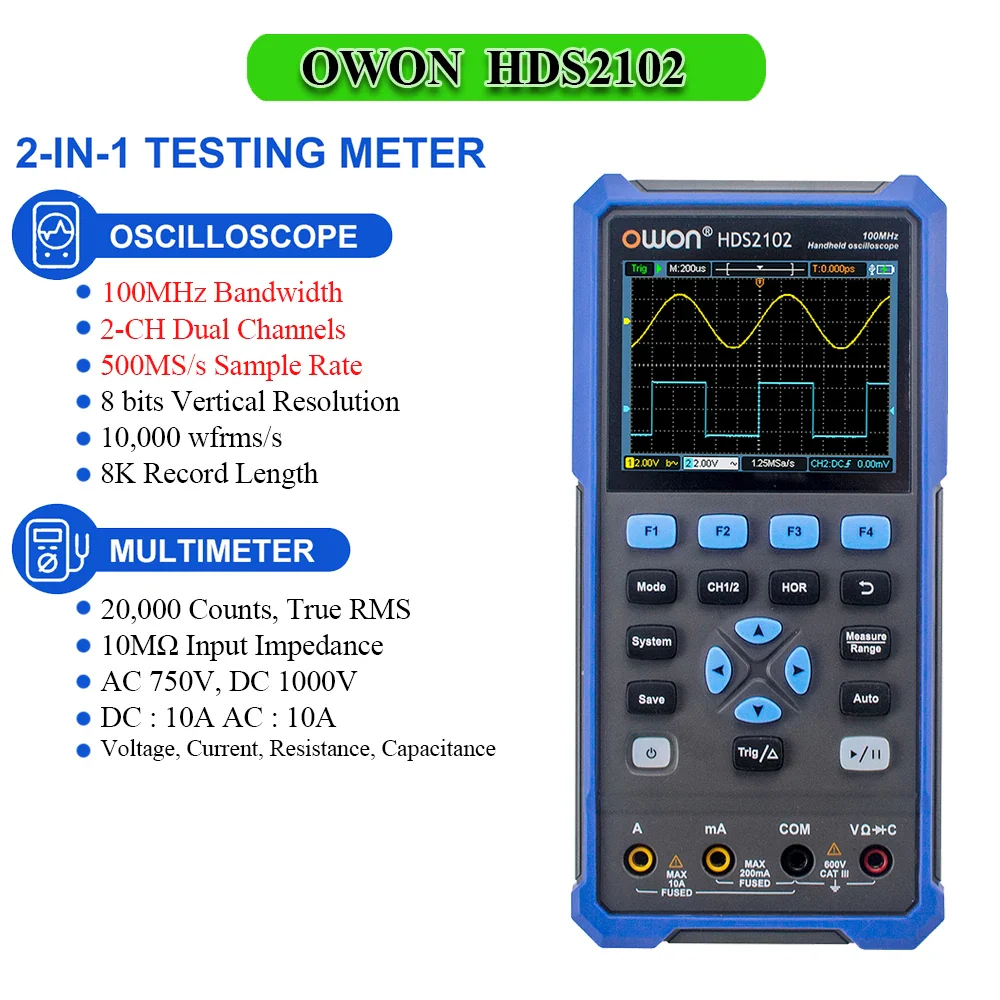 OWON HDS2102S HDS272S HDS242S Handheld Digital Oscilloscope 100MHz Bandwidth 500MS/s 2CH + 1CH Generator Multimeter osciloscopio - Image 9