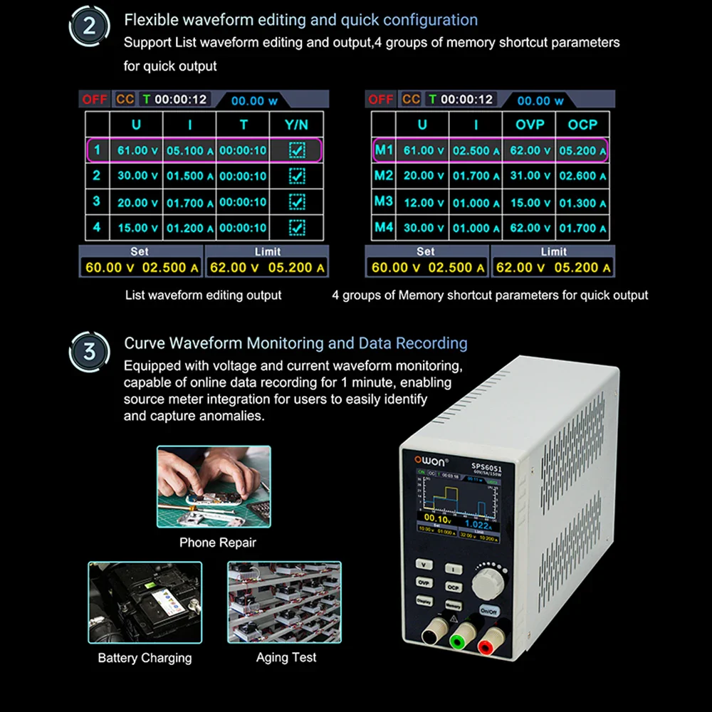 OWON SPS3081 SPS6051 Silent Fanless Series Programmable Linear DC Power Supply Digital Switching Regulator 2.8 Inch TFT LCD - Image 3