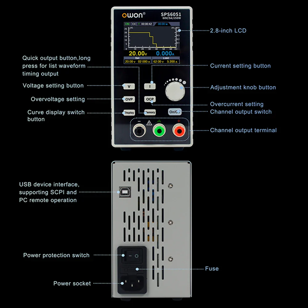 OWON SPS3081 SPS6051 Silent Fanless Series Programmable Linear DC Power Supply Digital Switching Regulator 2.8 Inch TFT LCD - Image 4