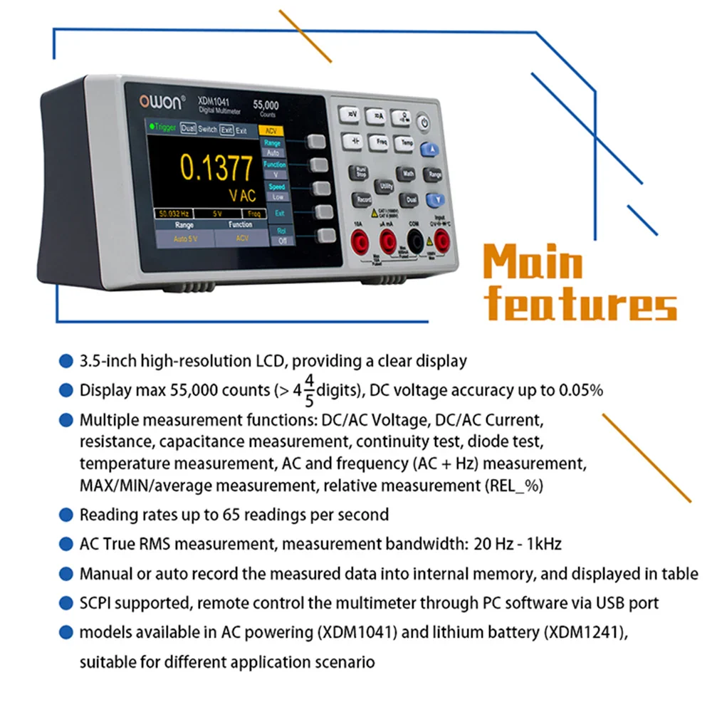 OWON XDM1041/XDM1241 4 1/2 Digital Multimeter Portable Bench LCD Multimeter True RMS AC/DC Current Voltage USB Tester Meter - Image 2