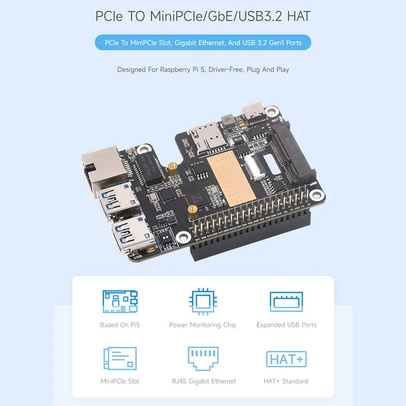 PCIe to MiniPCIe / Gigabit Ethernet / USB 3.2 Gen1 HAT for Raspberry Pi 5 Extend 2-Ch USB 3.2 Gen1 1x Gigabit Ethernet Ports - Image 2