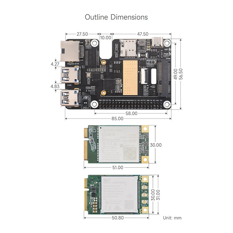 PCIe to MiniPCIe / Gigabit Ethernet / USB 3.2 Gen1 HAT for Raspberry Pi 5 Extend 2-Ch USB 3.2 Gen1 1x Gigabit Ethernet Ports - Image 6
