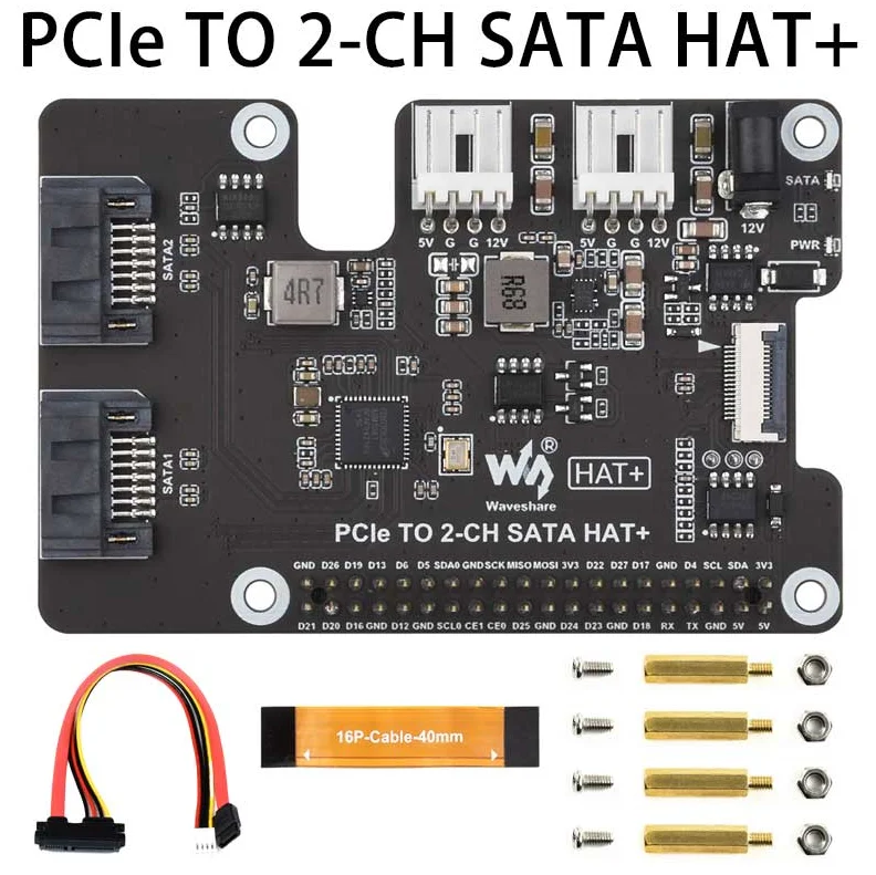 Raspberry Pi 5 PCIe to SATA Expansion Board with EEPROM HAT+ Waveshare PCIe TO 2-CH SATA HAT+ - Image 7
