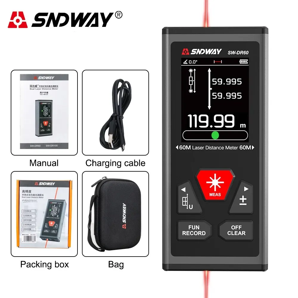 SNDWAY SW-DR60/SW-DR100 Dual Laser Distance Meter Rechargeable Bilateral Laser Rangefinder 200m 120m - Image 7