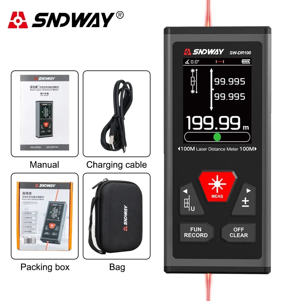 SNDWAY SW-DR60/SW-DR100 Dual Laser Distance Meter Rechargeable Bilateral Laser Rangefinder 200m 120m - Image 8