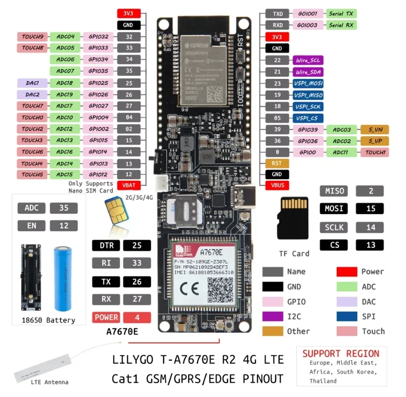 T-PCIE/T-SIM A7670E A7670SA R2 Wireless Module ESP32 Chip Support GSM/GPRS/EDGE For Arduino 4G LTE CAT1 MCU32 Development Board - Image 6