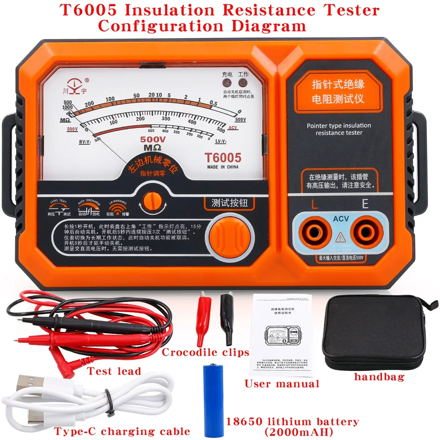 T6005 T6010 USB Rechargeable 500V Analog Insulation Resistance Tester Megohmmeter, Portable Electrician Tools - Image 5