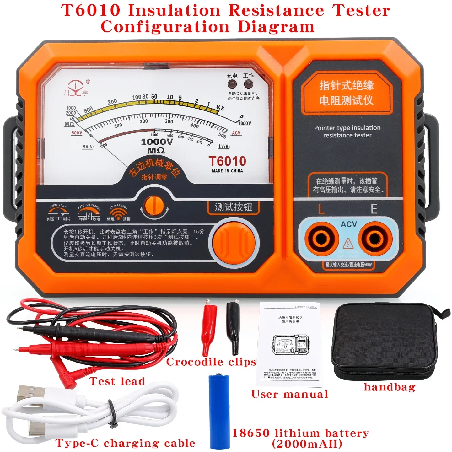 T6005 T6010 USB Rechargeable 500V Analog Insulation Resistance Tester Megohmmeter, Portable Electrician Tools - Image 6