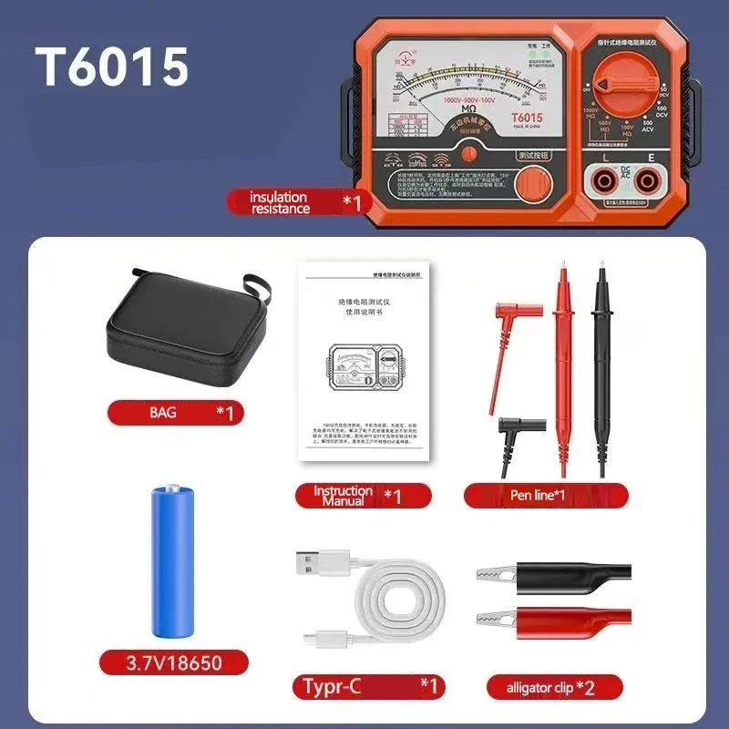 T6005 T6010 USB Rechargeable 500V Analog Insulation Resistance Tester Megohmmeter, Portable Electrician Tools - Image 7