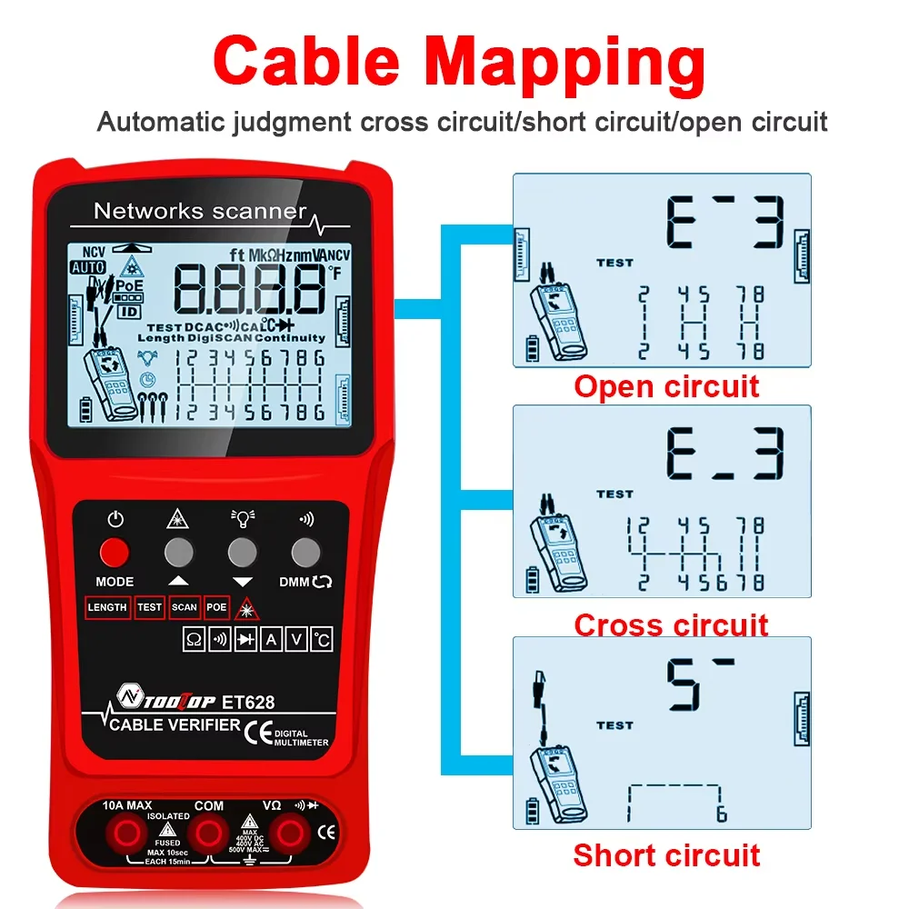 TOOLTOP 3 in 1 LAN Cable Tester Visual Fault Locator Multimeter 600M Length Measure Cable Mapping POE Rj45 Network Cable Tracker - Image 2
