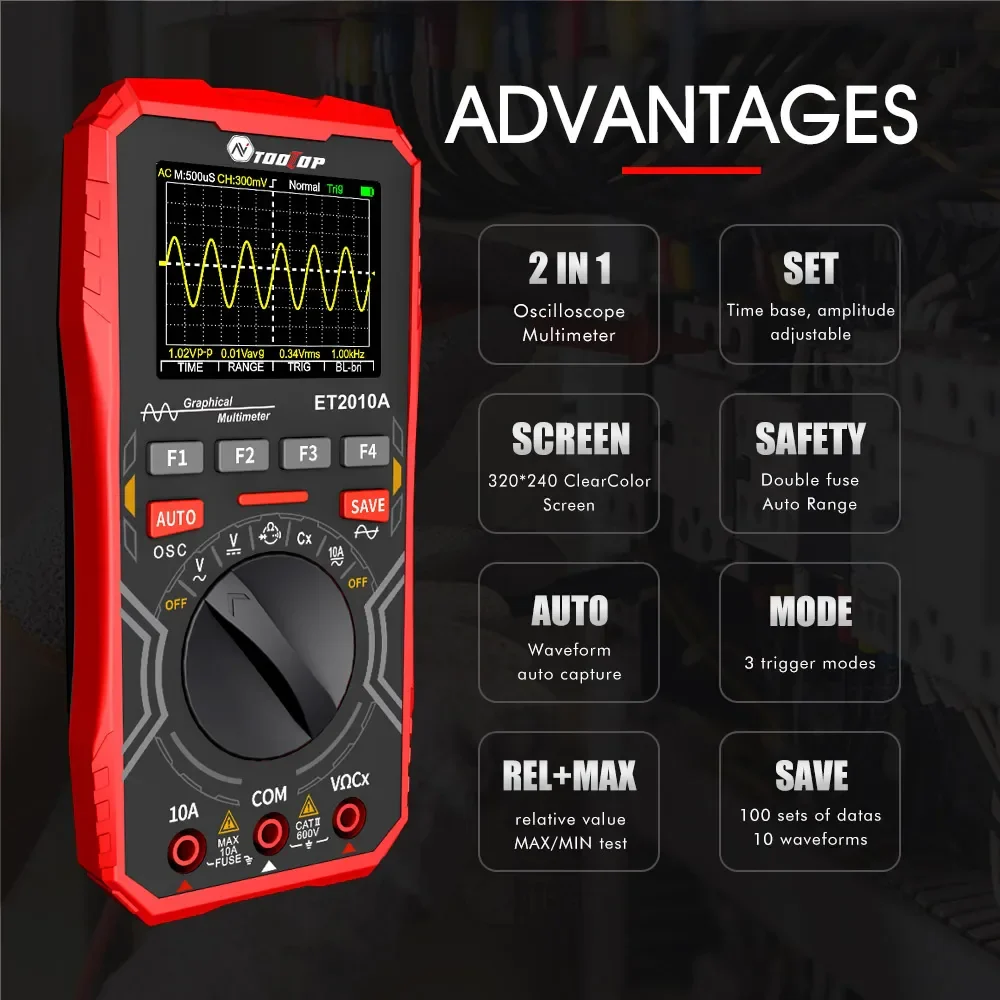 TOOLTOP ET2010A 1MHz Portable Digital Oscilloscope 2.5Msps Auto True RMS Multimeter AC 10A 600V High Voltage Tester - Image 2