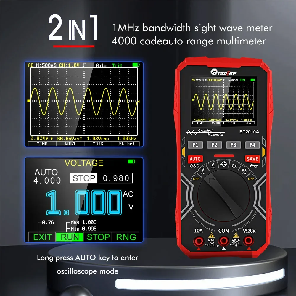 TOOLTOP ET2010A 1MHz Portable Digital Oscilloscope 2.5Msps Auto True RMS Multimeter AC 10A 600V High Voltage Tester - Image 3