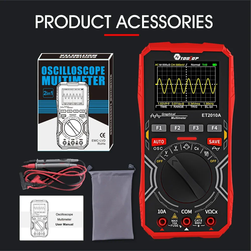 TOOLTOP ET2010A 1MHz Portable Digital Oscilloscope 2.5Msps Auto True RMS Multimeter AC 10A 600V High Voltage Tester - Image 7