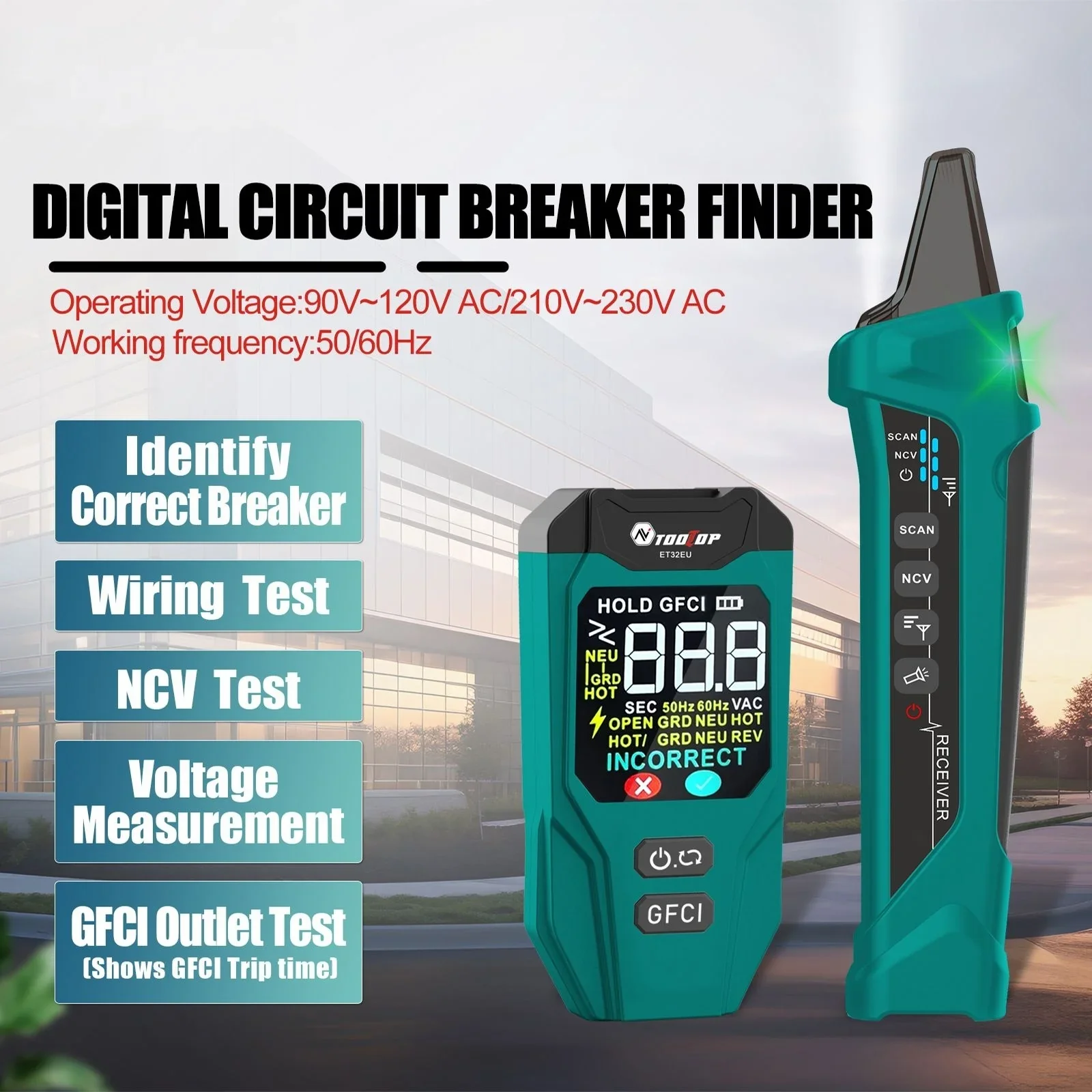 TOOLTOP ET32 Digital Circuit Breaker Finder & Socket Tester with GFCI Trip Time Display EU UK US Plug Leakage Current Detector - Image 2